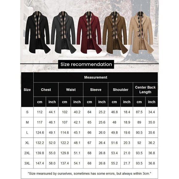 COOFANDY Men's Black Wool Blend Coat with Scarfs Notched Collar Pea Coat - Picture 6 of 6